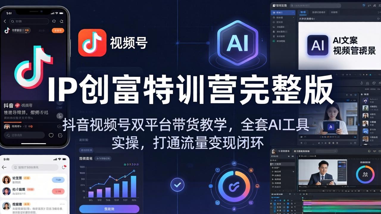 IP创富特训营完整版：抖音视频号双平台带货教学，全套AI工具实操，打通流量变现闭环-优创云