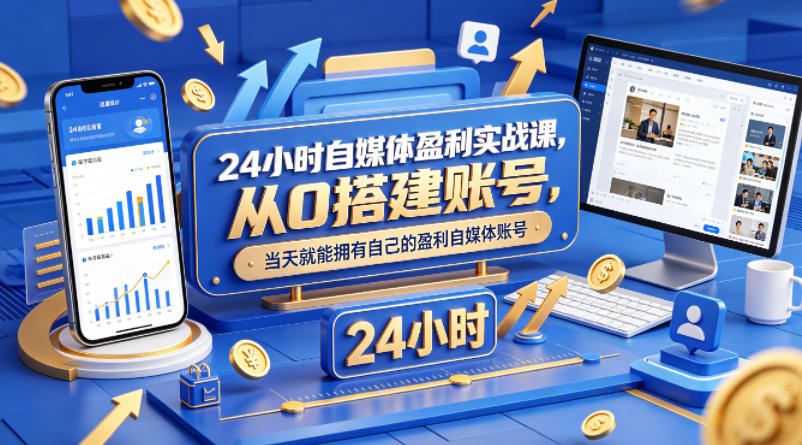 24小时自媒体盈利实战课，从0搭建账号，当天就能拥有自己的盈利自媒体账号-优创云