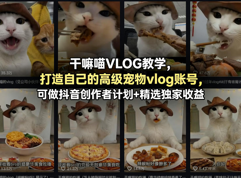 干嘛喵VLOG教学，打造自己的高级宠物vlog账号，可做抖音创作者计划+精选独家收益-优创云