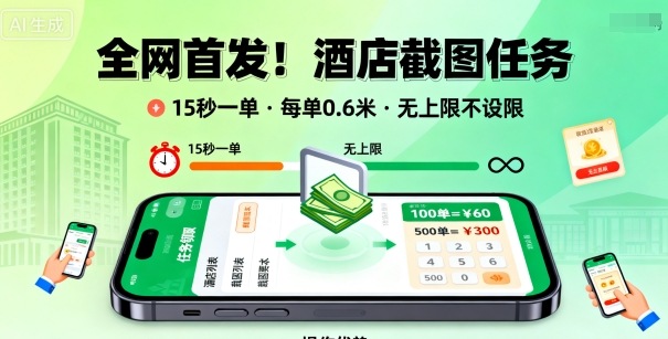 全网首发！酒店截图任务，15秒一单，每单0.6米，任务无上限不设限，矩阵操作单日3张到手【揭秘】-优创云