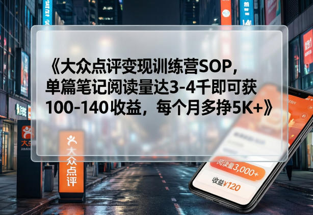 大众点评变现训练营SOP,单篇笔记阅读量达3-4千即可获100-140收益,每个月多挣5K+-优创云