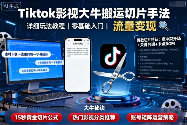 Tiktok影视大牛搬运切片手法,详细玩法教程-优创云