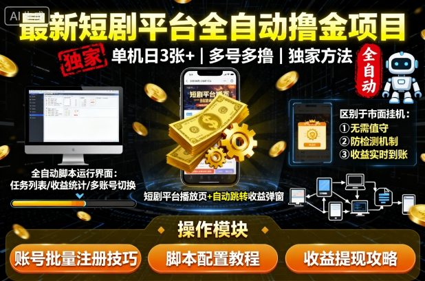 最新短剧平台全自动挂G撸金项目，单机一天3张+，多号多撸，区别于市面所有挂机项目，独家方法【揭秘】-优创云