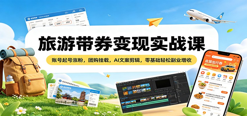 旅游带券变现实战课：账号起号涨粉，团购挂载，AI文案剪辑，零基础轻松副业增收-优创云